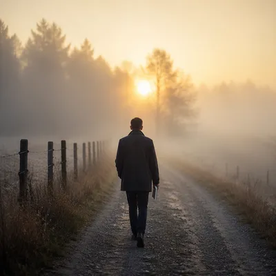Solitary Walk Toward Dawn Light