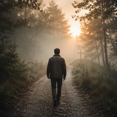 Walking Through Fog Toward Morning Light