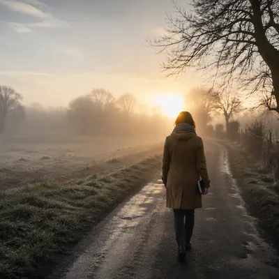 Walking Through Morning Fog Toward Light