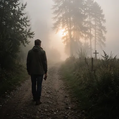 Walking Through Morning Fog Toward Light