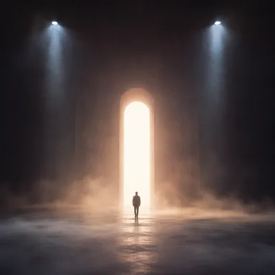 Lone Figure Walking Toward Radiant Doorway