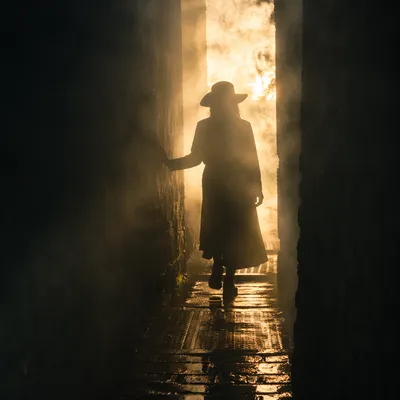 Silhouette Walking Through Fog Toward Light