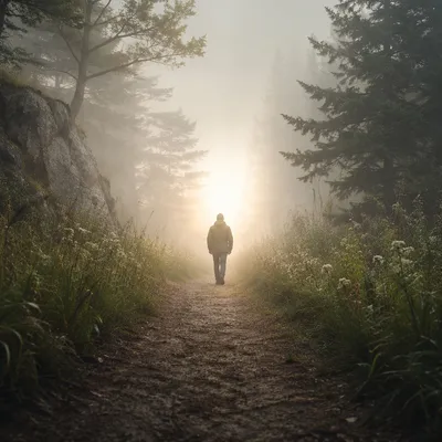 Person Walking Through Fog Toward Light