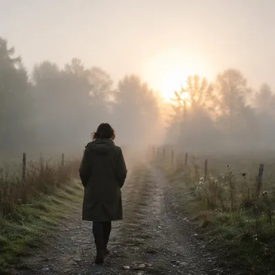 Solitary Walk Through Fog Toward Golden Light