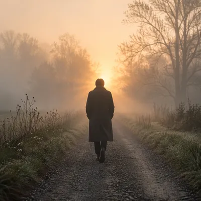 Solitary Walker Moving Toward Morning Light