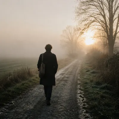 Solitary Walk Toward Golden Morning Light