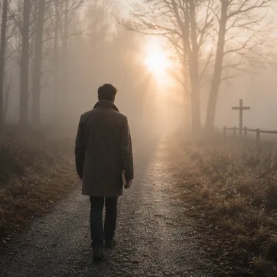 Walking Through Fog Toward Morning Light