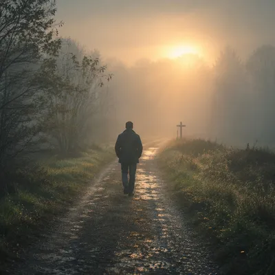 Walking Through Fog Toward Golden Light
