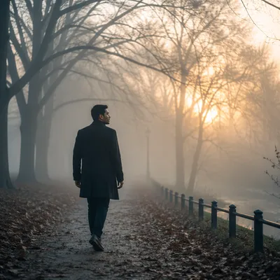 Man Walking Through Fog Toward Light