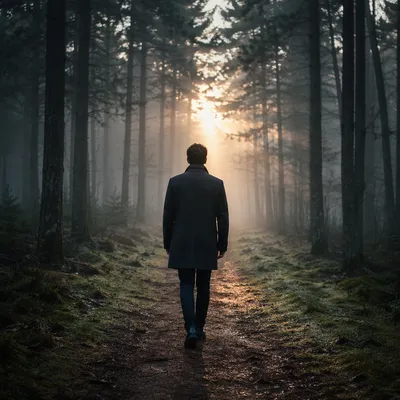 Man Walking Through Fog Toward Light