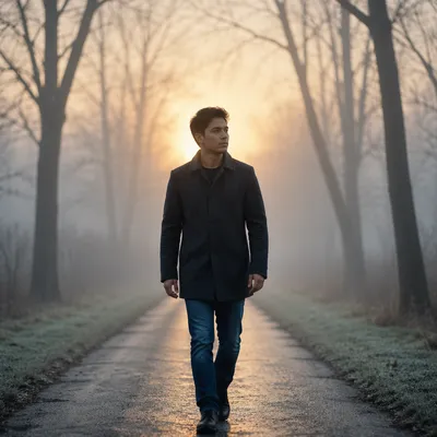 Man Walking Through Foggy Tree-Lined Path