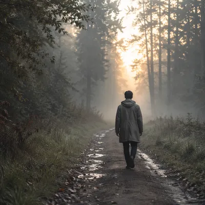 Solitary Figure Walking Through Foggy Woods