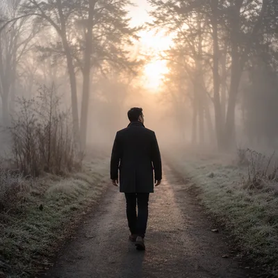 Solitary Man Walking Through Morning Fog
