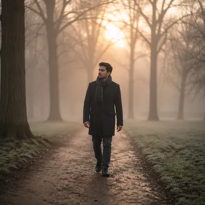 Man Walking Through Foggy Park Path