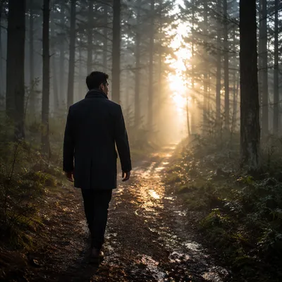 Man Walking Through Foggy Forest Path