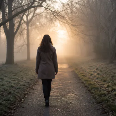 Woman Walking Through Foggy Park Path