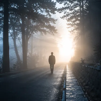 Silhouetted Figure Walking Toward Morning Light