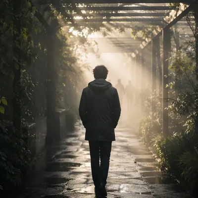 Walking Through Morning Fog Toward Light