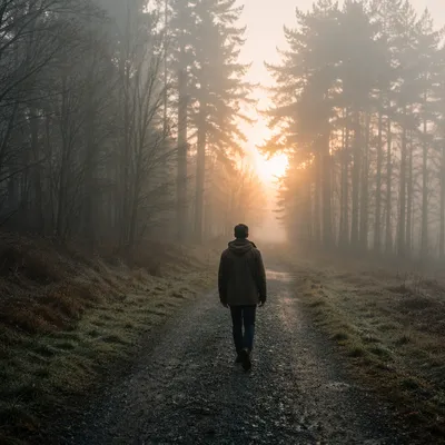 Walking Through Fog Toward Golden Light