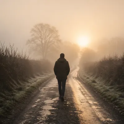 Walking Through Morning Fog Toward Light