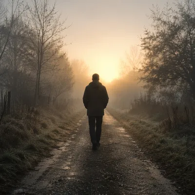 Lone Walker Toward Morning Light