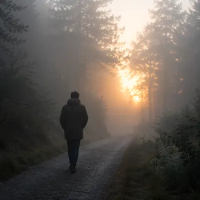 Walking Through Fog Toward Morning Light