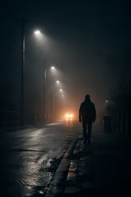 Silhouette Walking Through Fog Toward Light