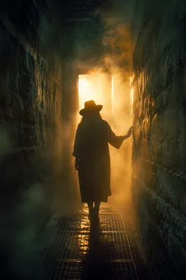 Lone Walker Entering Golden Foggy Light