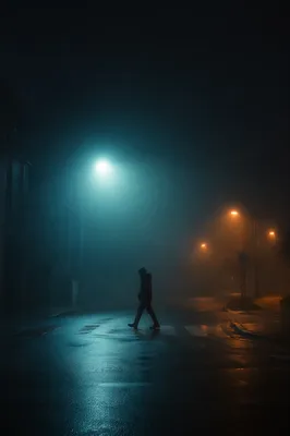 Silhouetted Walker in Foggy Night Street
