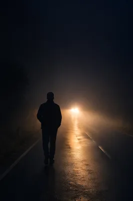 Lone Traveler Walking Through Fog Toward Light