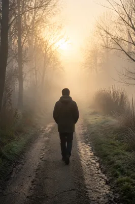Solitary Walk Through Fog Toward Light