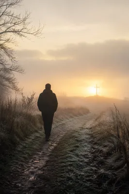 Silhouetted Pilgrim Walking Toward Morning Light