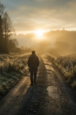Solitary Walk Toward Morning Light
