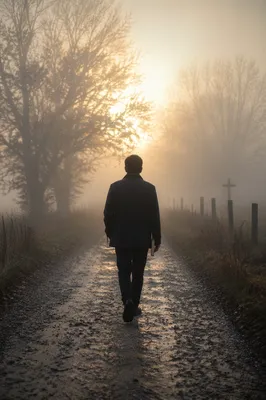Silhouette Walking Through Fog Toward Light