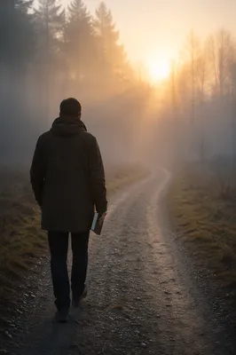 Solitary Walk Through Fog Toward Dawn Light
