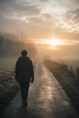 Solitary Walk Toward Dawn Light