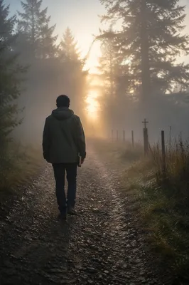 Walking Through Fog Toward Morning Light