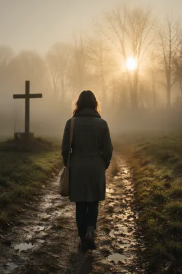 Solitary Walk Through Fog Toward Light