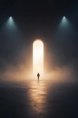 Silhouette Walking Through Fog Toward Light