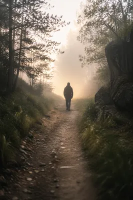 Person Walking Through Fog Toward Light