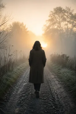 Solitary Walk Through Fog Toward Light