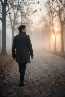 Man Walking Through Foggy Park Path