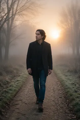 Man Walking Through Foggy Morning Path