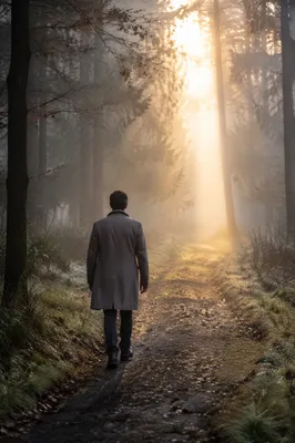 Solitary Figure Walking Through Foggy Woods