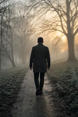 Man Walking Through Foggy Tree Path