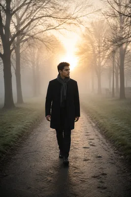Man Walking Through Foggy Park Path