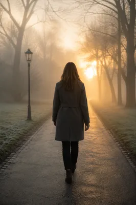 Woman Walking Through Foggy Park Path