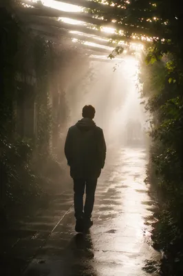 Walking Through Morning Fog Toward Light