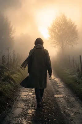 Walking Through Fog Toward Morning Light