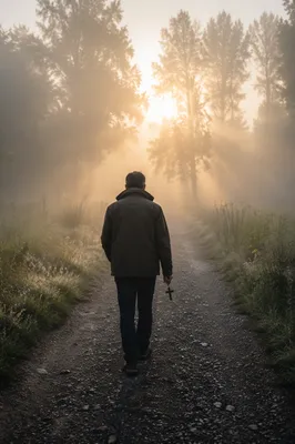 Walking Through Fog Toward Morning Light